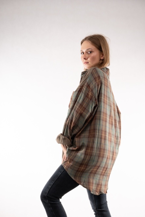 Bawełniana koszula oversize w patchworkową kratę JOY Zielono-brązowy 9756