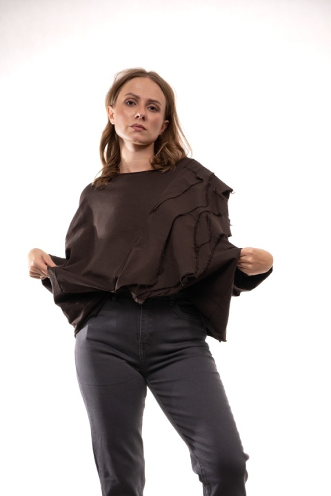 Bawełniany longsleeve oversize z geometrycznymi przeszyciami Brąz Wendy Trendy