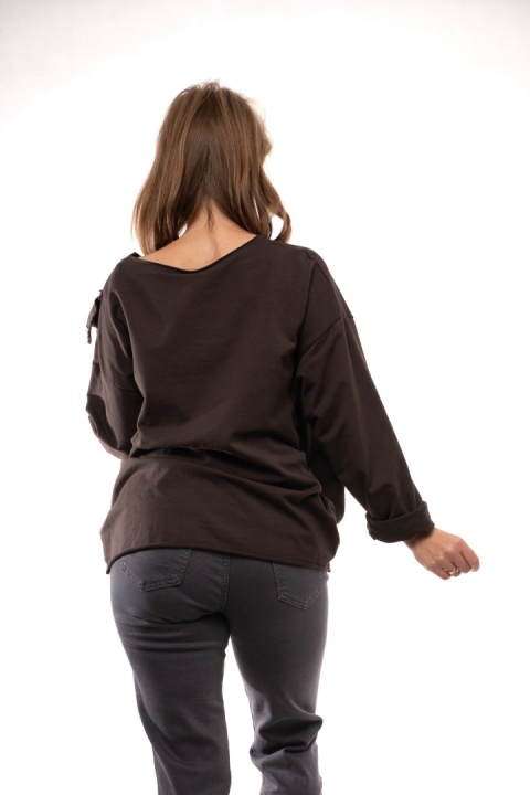 Bawełniany longsleeve oversize z geometrycznymi przeszyciami Brąz Wendy Trendy
