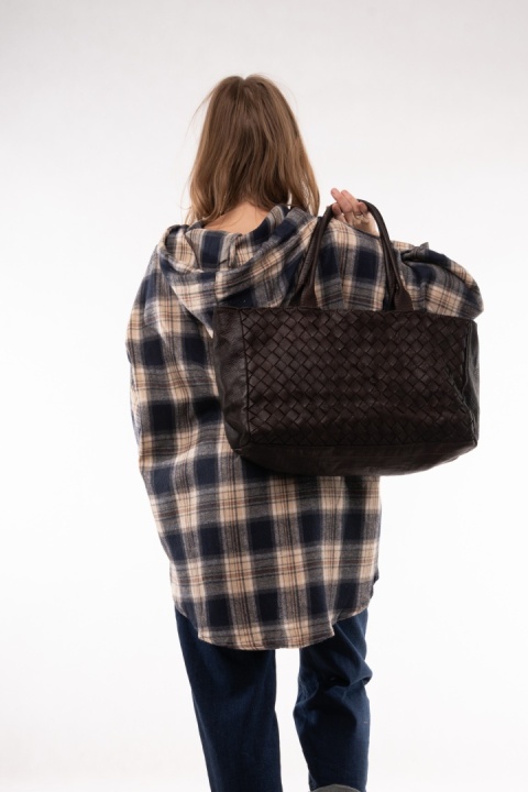 Duża pleciona torba shopper ze skóry cielęcej Gorzka czekolada