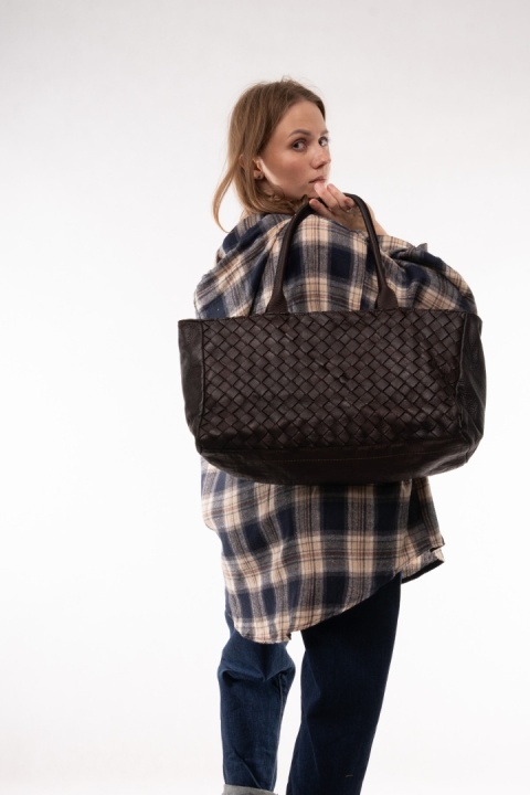 Duża pleciona torba shopper ze skóry cielęcej Gorzka czekolada