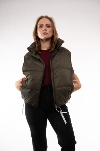 Puchowa kamizelka oversize ze stójką i ściągaczem Khaki