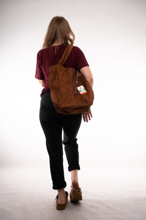 Zamszowa torba shopper bag ze skóry naturalnej Rudobrązowa