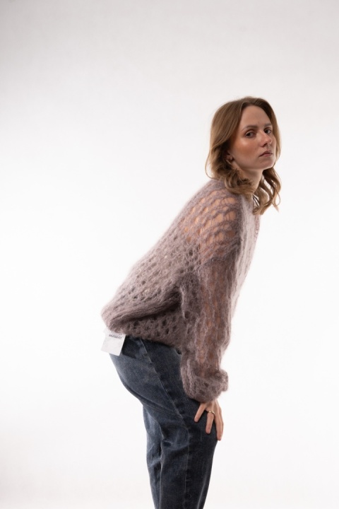 Ażurowy sweter z wełną Super Kid Mohair Maglificio Toscana 39 Ciemne Fango