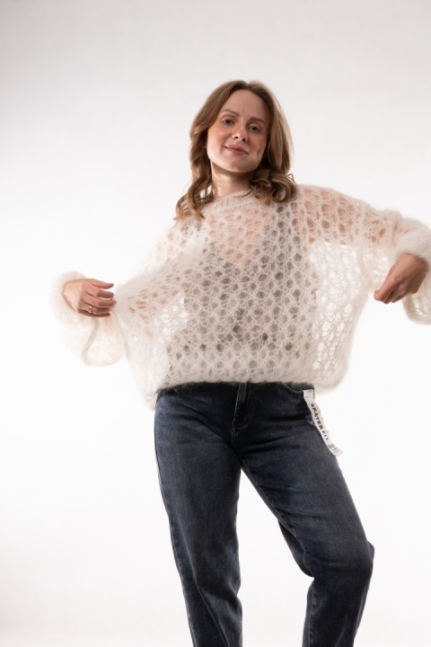 Ażurowy sweter z wełną Super Kid Mohair Maglificio Toscana 39 Śmietanka
