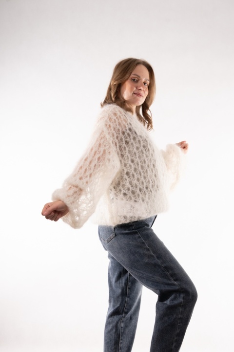Ażurowy sweter z wełną Super Kid Mohair Maglificio Toscana 39 Śmietanka