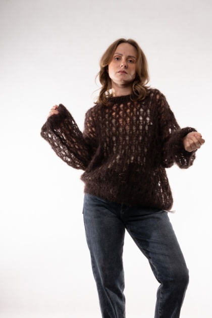 Ażurowy sweter z wełną Super Kid Mohair Maglificio Toscana 39 Gorzka czekolada