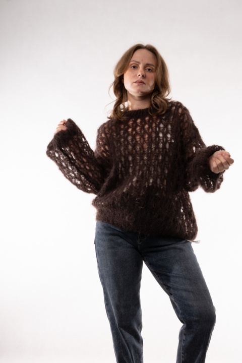 Ażurowy sweter z wełną Super Kid Mohair Maglificio Toscana 39 Gorzka czekolada