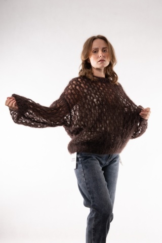 Ażurowy sweter z wełną Super Kid Mohair Maglificio Toscana 39 Gorzka czekolada