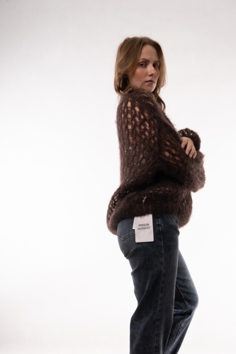 Ażurowy sweter z wełną Super Kid Mohair Maglificio Toscana 39 Gorzka czekolada