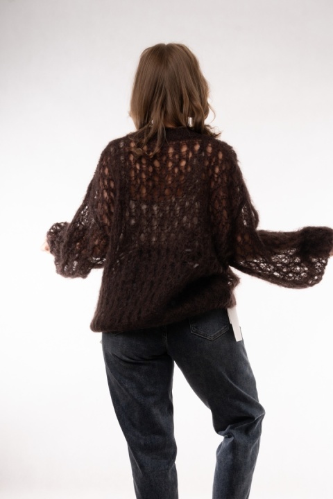 Ażurowy sweter z wełną Super Kid Mohair Maglificio Toscana 39 Gorzka czekolada