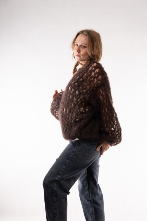 Ażurowy sweter z wełną Super Kid Mohair Maglificio Toscana 39 Gorzka czekolada