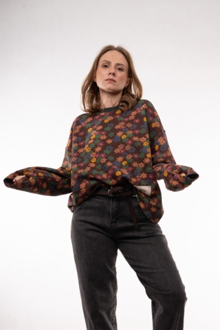 Bawełniana bluza oversize w kwiatowe wzory retro JOY MC Czekoladowy brąz / kolorowe kwiaty
