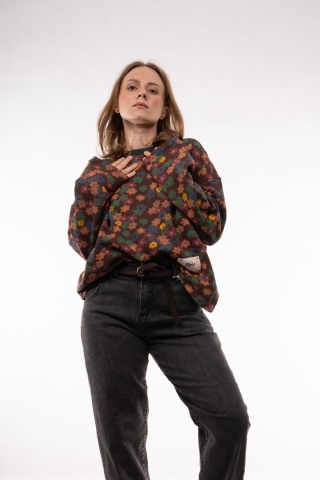 Bawełniana bluza oversize w kwiatowe wzory retro JOY MC Czekoladowy brąz / kolorowe kwiaty