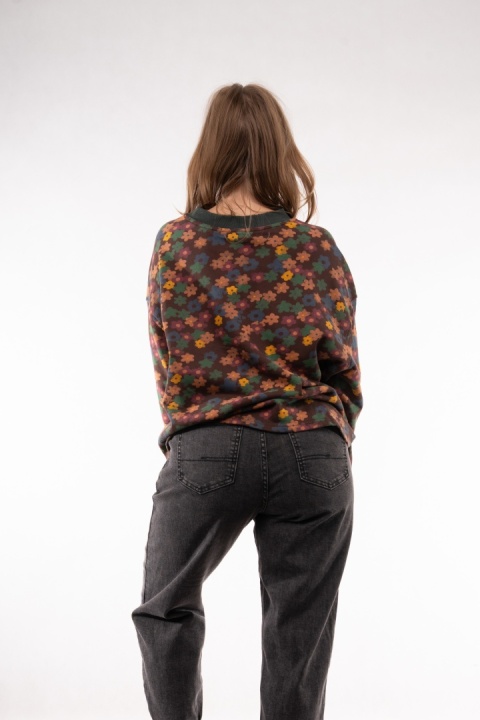 Bawełniana bluza oversize w kwiatowe wzory retro JOY MC Czekoladowy brąz / kolorowe kwiaty
