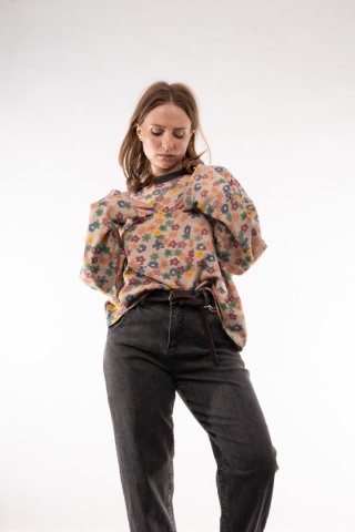 Bawełniana bluza oversize w kwiatowe wzory retro JOY MC Beżowa / drobna łączka pastelowa
