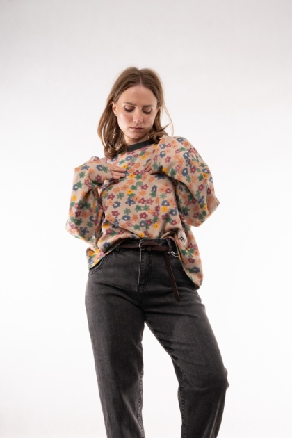 Bawełniana bluza oversize w kwiatowe wzory retro JOY MC Beżowa / drobna łączka pastelowa