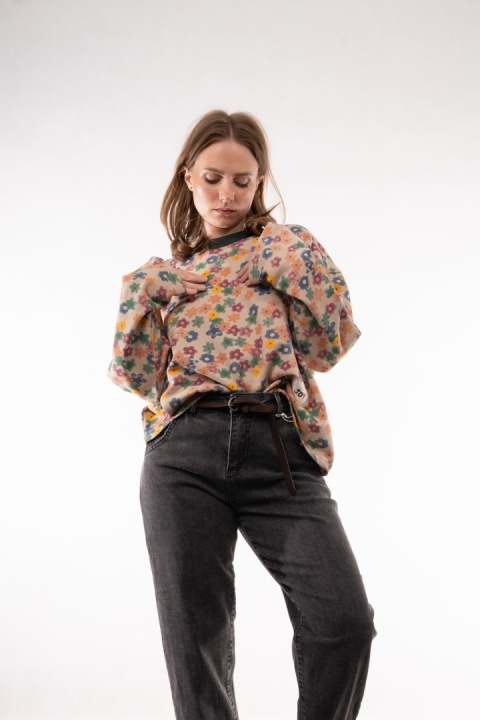 Bawełniana bluza oversize w kwiatowe wzory retro JOY MC Beżowa / drobna łączka pastelowa