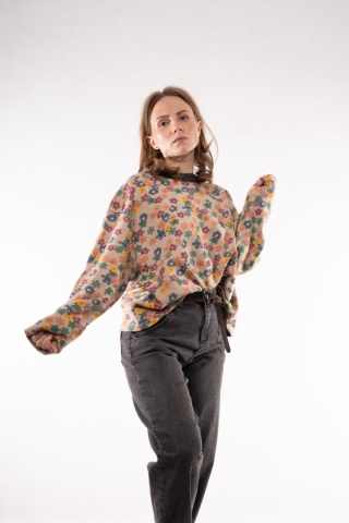 Bawełniana bluza oversize w kwiatowe wzory retro JOY MC Beżowa / drobna łączka pastelowa