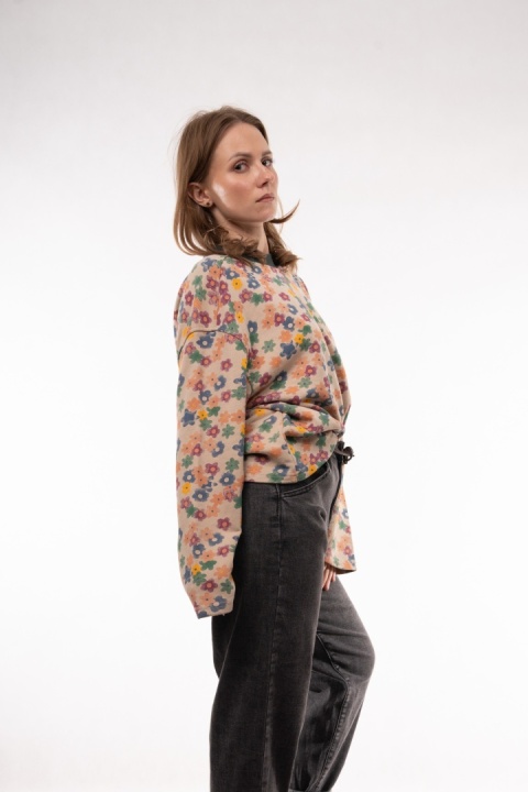 Bawełniana bluza oversize w kwiatowe wzory retro JOY MC Beżowa / drobna łączka pastelowa