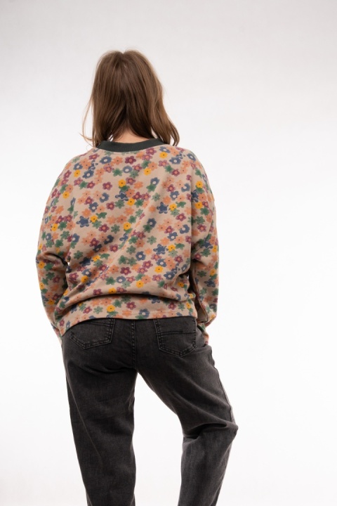 Bawełniana bluza oversize w kwiatowe wzory retro JOY MC Beżowa / drobna łączka pastelowa