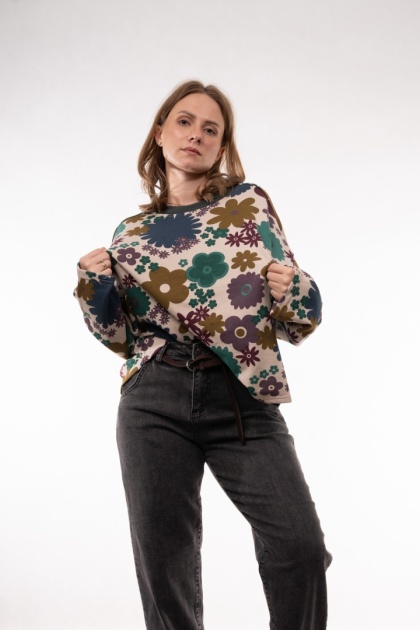 Bawełniana bluza oversize w kwiatowe wzory retro JOY MC Kremowa / duże kwiaty (śliwka, zieleń, oliwka