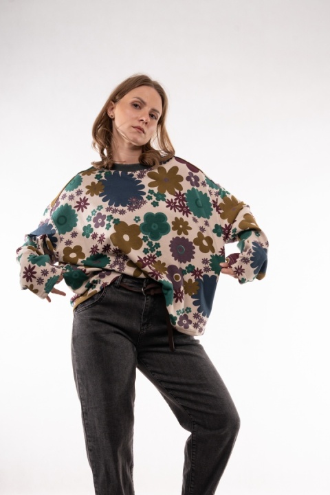 Bawełniana bluza oversize w kwiatowe wzory retro JOY MC Kremowa / duże kwiaty (śliwka, zieleń, oliwka
