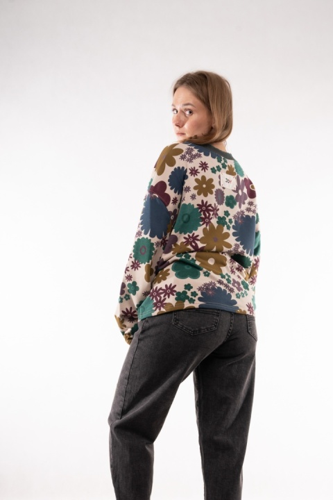 Bawełniana bluza oversize w kwiatowe wzory retro JOY MC Kremowa / duże kwiaty (śliwka, zieleń, oliwka
