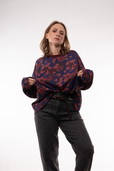 Bawełniana bluza oversize we wzory botaniczne JOY MC Fiolet / Kobalt / Róż