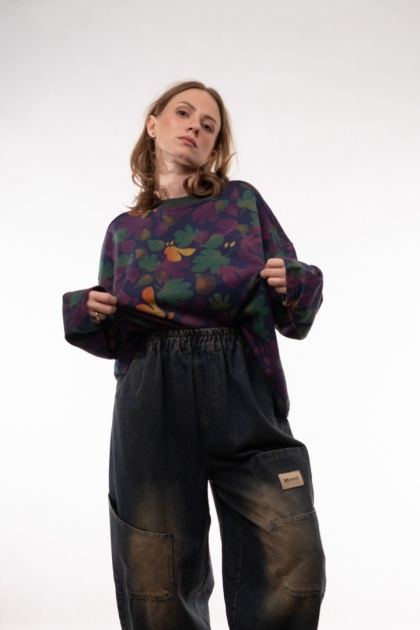 Bawełniana bluza oversize we wzory botaniczne JOY MC Fiolet / Szmaragd / Zgaszony błękit