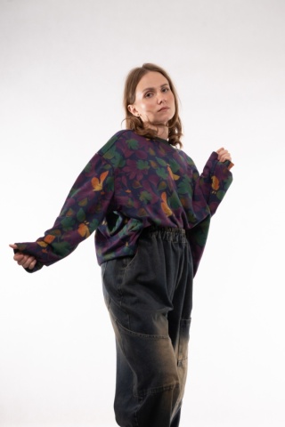 Bawełniana bluza oversize we wzory botaniczne JOY MC Fiolet / Szmaragd / Zgaszony błękit
