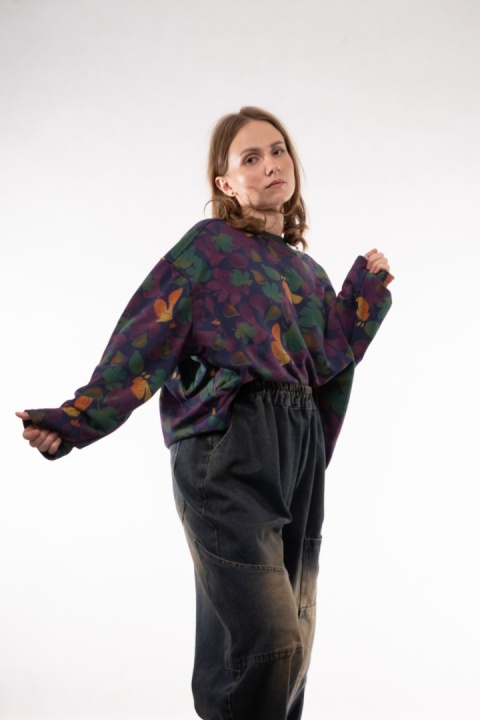 Bawełniana bluza oversize we wzory botaniczne JOY MC Fiolet / Szmaragd / Zgaszony błękit