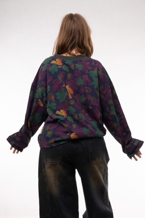 Bawełniana bluza oversize we wzory botaniczne JOY MC Fiolet / Szmaragd / Zgaszony błękit