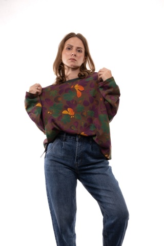 Bawełniana bluza oversize we wzory botaniczne JOY MC Oliwka / Ciepły brąz / Fiolet
