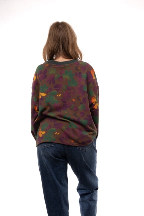 Bawełniana bluza oversize we wzory botaniczne JOY MC Oliwka / Ciepły brąz / Fiolet
