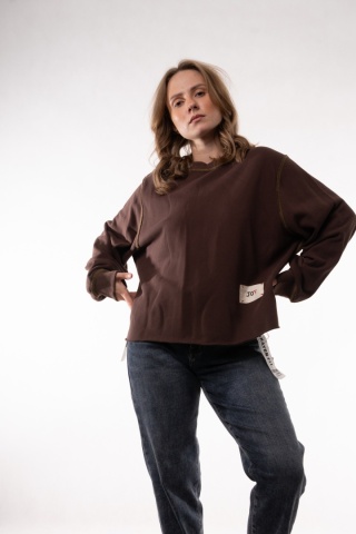 Bawełniana bluza oversize z kontrastowymi stębnowaniami JOY MC Brązowy