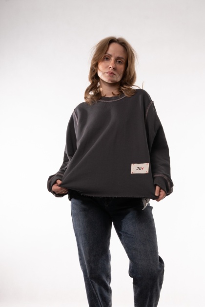 Bawełniana bluza oversize z kontrastowymi stębnowaniami JOY MC Grafit