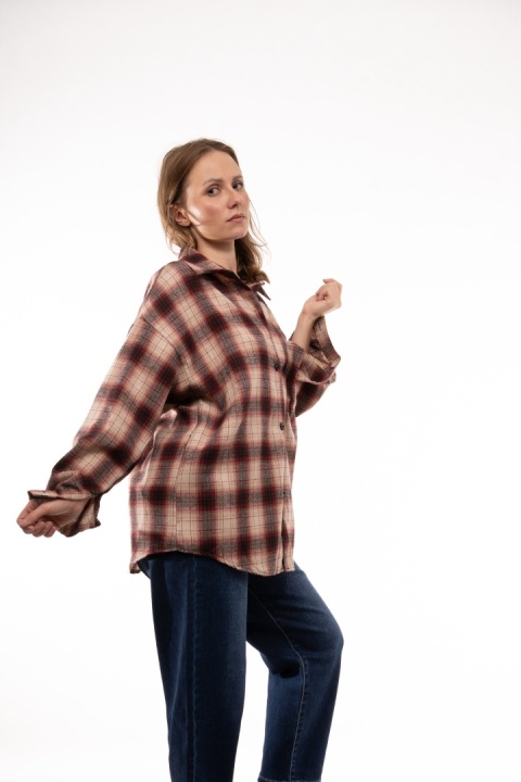 Bawełniana koszula flanelowa w kratę My Store - Beż / Bordo