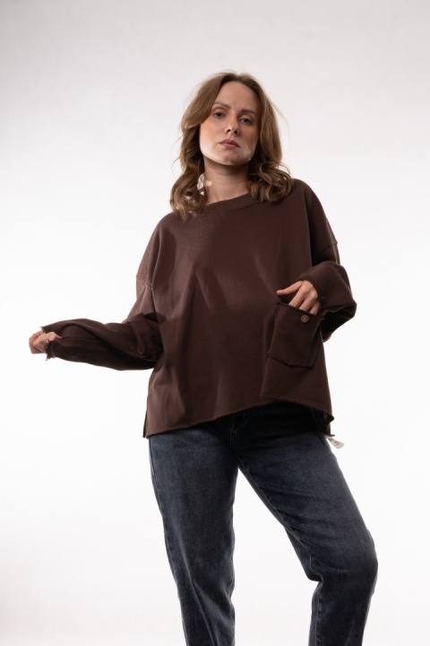 Gładka bawełniana bluza oversize z kieszonką JOY MC Brąz