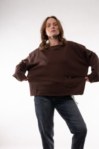 Gładka bawełniana bluza oversize z kieszonką JOY MC Brąz