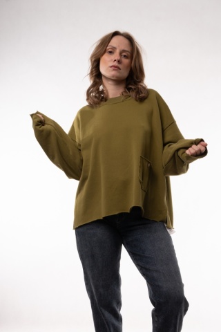Gładka bawełniana bluza oversize z kieszonką JOY MC Oliwkowy