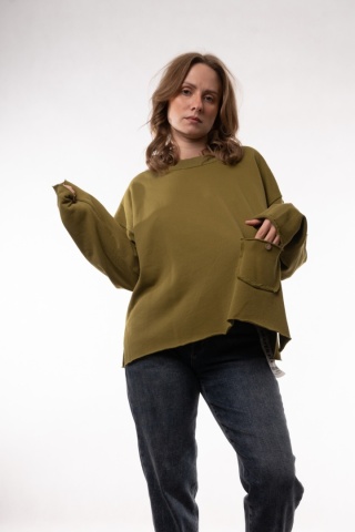 Gładka bawełniana bluza oversize z kieszonką JOY MC Oliwkowy
