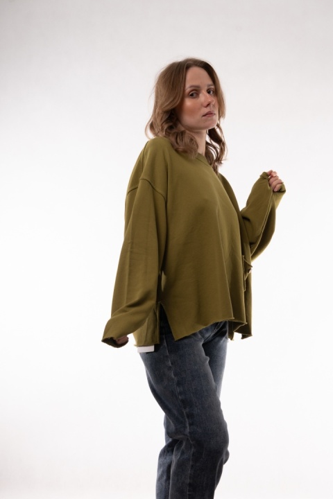 Gładka bawełniana bluza oversize z kieszonką JOY MC Oliwkowy