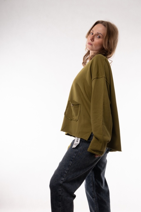 Gładka bawełniana bluza oversize z kieszonką JOY MC Oliwkowy