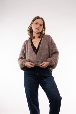 Krótki miękki kardigan z moherem i wełną CXL Collection (Made in Italy) Fango