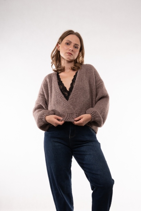 Krótki miękki kardigan z moherem i wełną CXL Collection (Made in Italy) Fango