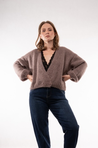 Krótki miękki kardigan z moherem i wełną CXL Collection (Made in Italy) Fango