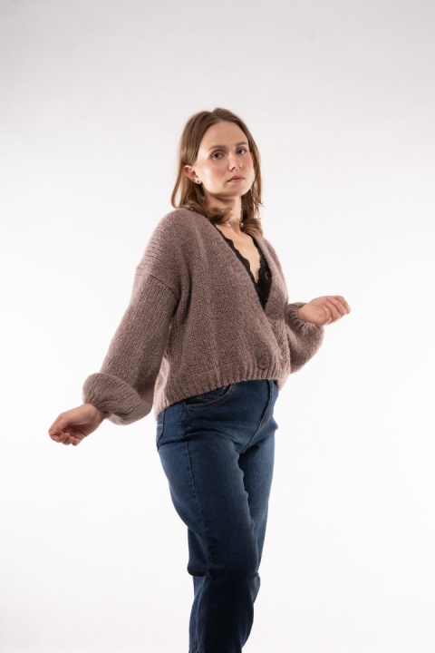 Krótki miękki kardigan z moherem i wełną CXL Collection (Made in Italy) Fango