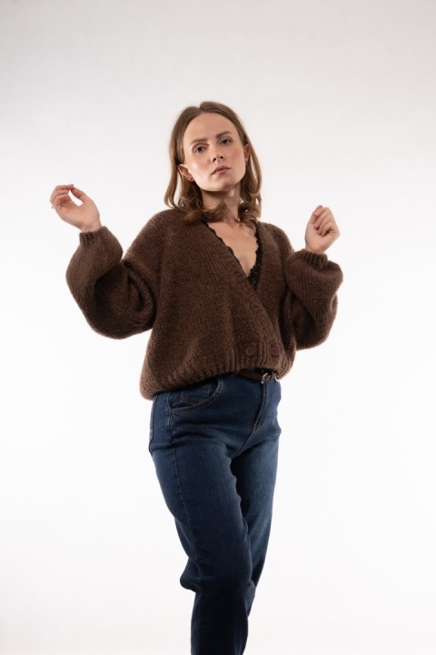 Krótki miękki kardigan z moherem i wełną CXL Collection (Made in Italy) Brąz