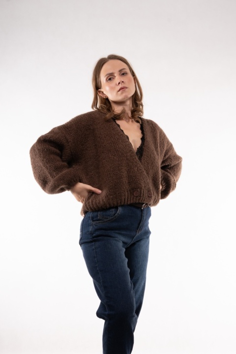 Krótki miękki kardigan z moherem i wełną CXL Collection (Made in Italy) Brąz